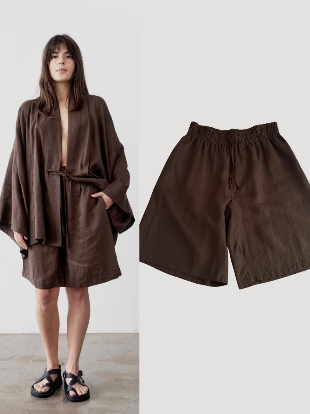 UNIKSPACE Koko Linen Bermuda Shorts Brown Wide Leg Pull On Medium Lagenlook Airy